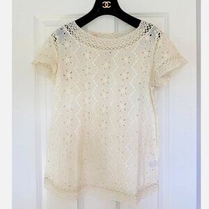 Joie Women's Size XS Cream Short Puff Sleeve Embroidered Eyelet Crepe Top Blouse
